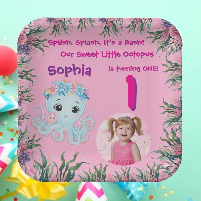 Assiettes En Carton Cute Whimsical Floral Octopus Fille Anniversaire (Créateur téléchargé)