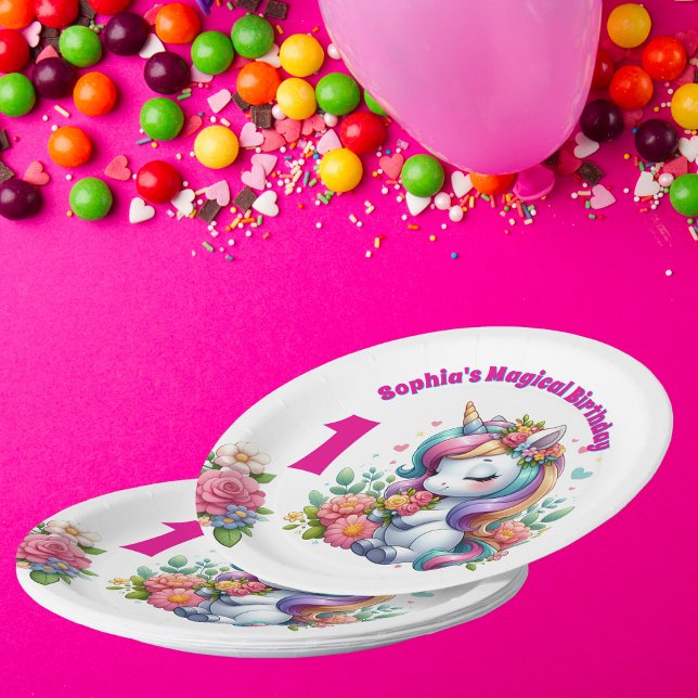 Assiettes En Carton Cute Whimsical Floral Unicorn Girly 1er anniversai (Créateur téléchargé)