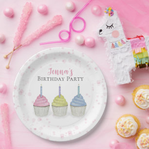 Assiettes En Carton Cute Whimsical Rose Girl Aquarelle Cupcakes