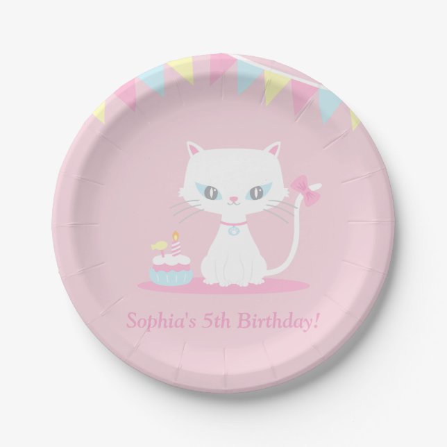 Assiettes En Carton Cute White Kitty Chat Anniversaire Fournitures de  (Devant)