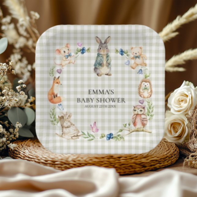 Assiettes En Carton Cute Woodland Animals Baby Shower Gingham Plates (Créateur téléchargé)