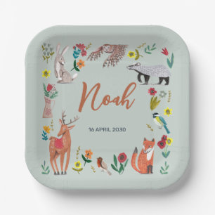 Assiettes En Carton Cute Woodland Animaux Baby shower bleu Plaque de p