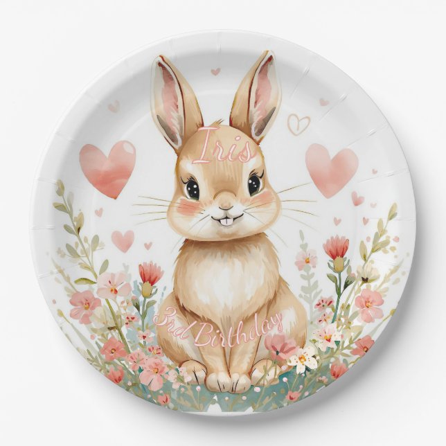 Assiettes En Carton Cute Woodland Rabbit Pink Hearts Pastel Flowers (Devant)
