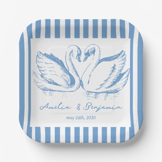 Assiettes En Carton Cygne Couple Bleu Dessiné à la Main Mariage Fantai (Recto)