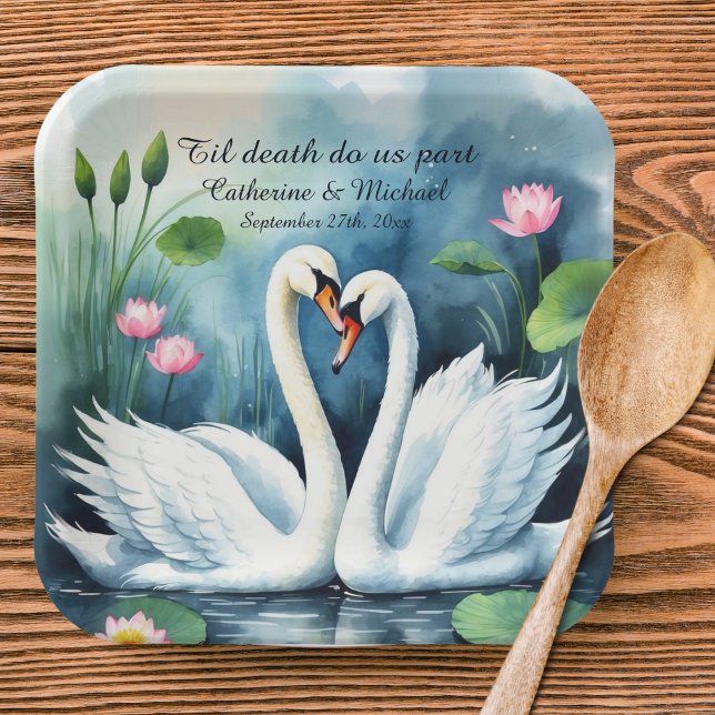 Assiettes En Carton Cygnes en amour Aquarelle Lotus Lake Mariage (Créateur téléchargé)