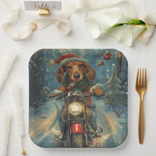 Assiettes En Carton Dachshund à moto Noël