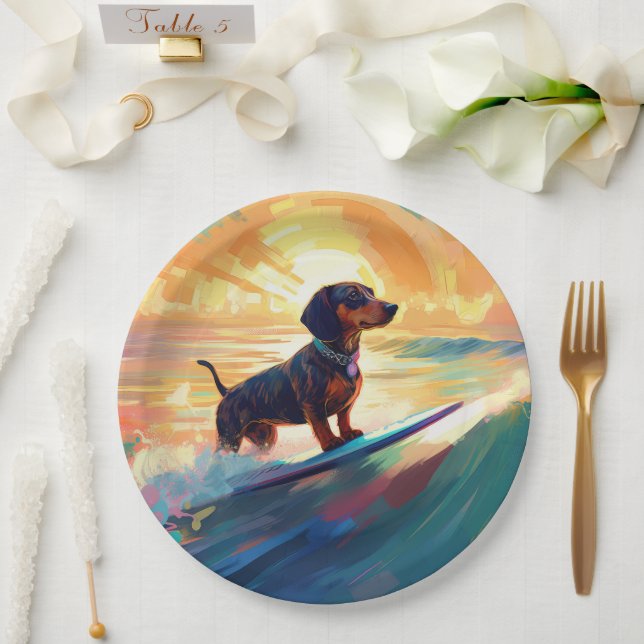 Assiettes En Carton Dachshund Beach Surf Peinture (Mariage)