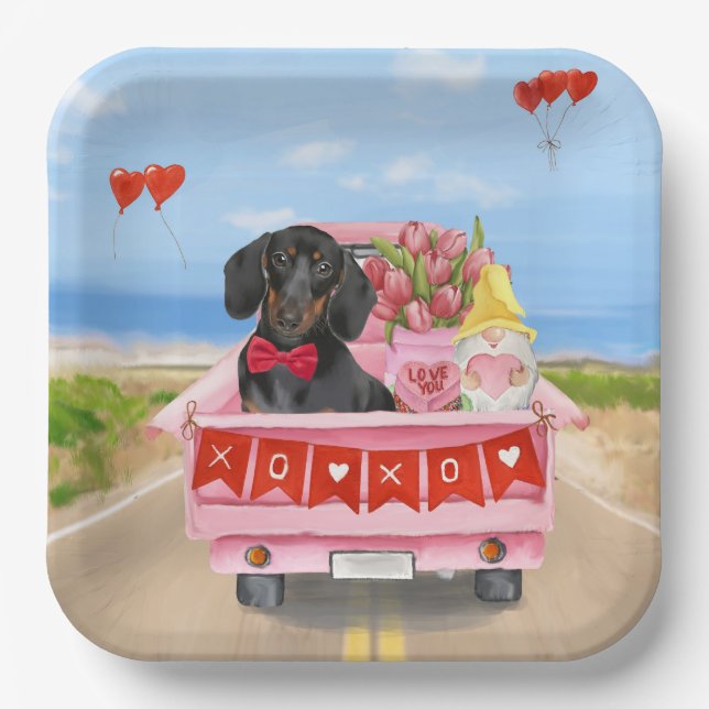 Assiettes En Carton Dachshund Chien Saint-Valentin Coeurs de Camion (Recto)