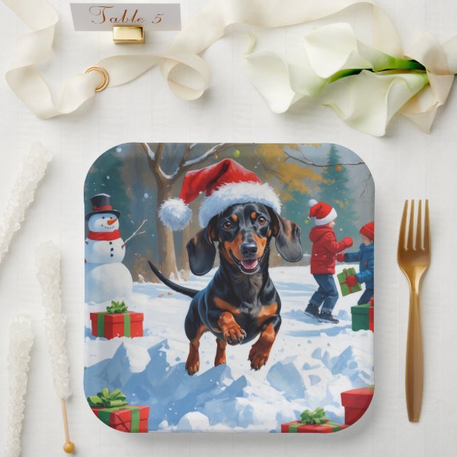 Assiettes En Carton Dachshund Courir en neige avec Casquette de Noël (Mariage)