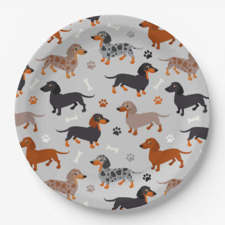 Assiettes En Carton Dachshund Paws et Bones Gris Motif