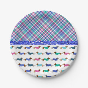 Assiettes En Carton Dachshund Plaid Plaques de papier vert bleu