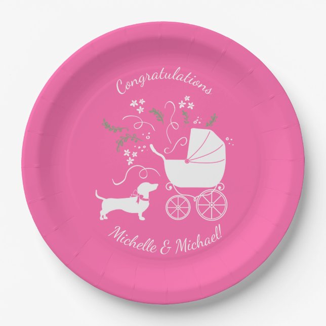 Assiettes En Carton Dachshund Wiener Chien Baby shower fille rose (Devant)