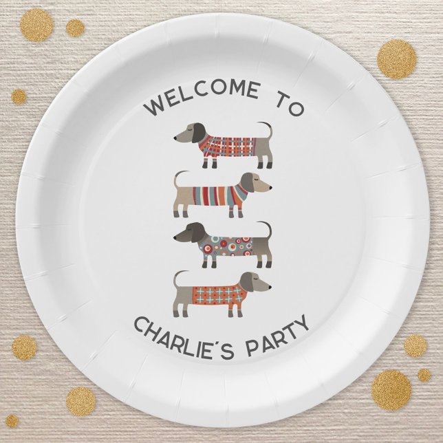 Assiettes En Carton Dachshund Wiener Sausage Chien Personnalisé (Cute personalized name and message Dachshund Wiener Sausage dog party paper plates)