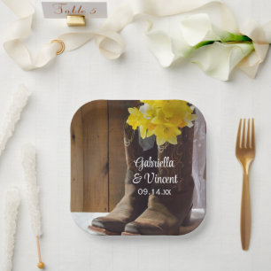 Assiettes En Carton Daffodiles et Bottes de cowboy Pays Mariage de l'O