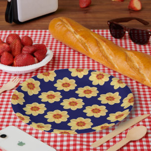 Assiettes En Carton Dahlia jaune motif floral sur bleu