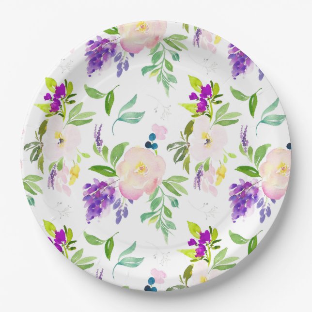 Assiettes En Carton Dainty Aquarelle Fleurs | Peonies et Wisterias (Devant)