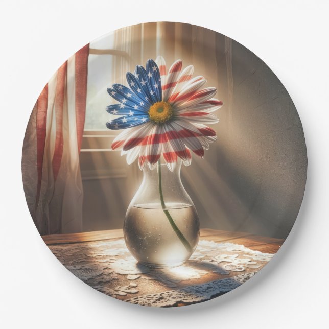 Assiettes En Carton Daisée Drapeau Américain Dans Vase De Verre (Devant)
