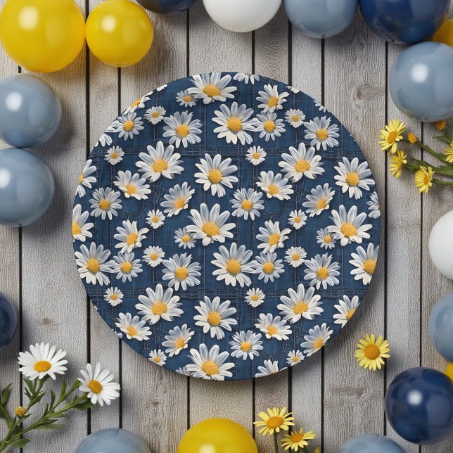 Assiettes En Carton Daisies on Blue Denim Birthday  (Créateur téléchargé)