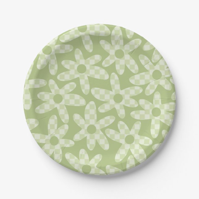 Assiettes En Carton Daisy Check Sage Green Retro Modern Pattern (Devant)