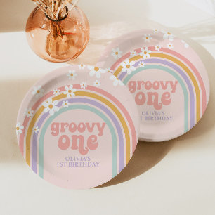 Assiettes En Carton Daisy Groovy One Pastel arc-en-ciel premier annive