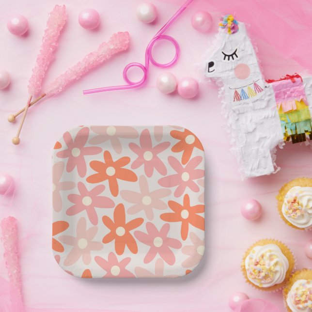 Assiettes En Carton Daisy Time mignon Retro Floral Pattern Orange Rose (Fête)