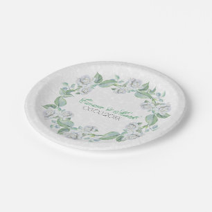 Assiettes En Carton Damas Blanches & Roses - Enregistrer La Date