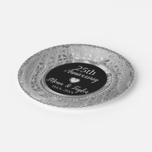 Assiettes En Carton Damas Gris Argent Et Coeur