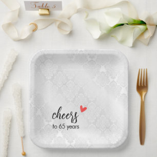 Assiettes En Carton Damas satin blanc 65e anniversaire