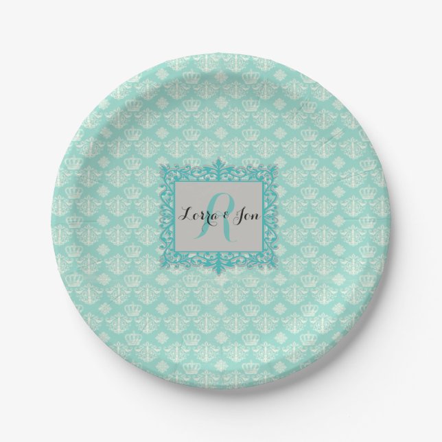 Assiettes En Carton Damas Turquoise Personnalisé (Devant)