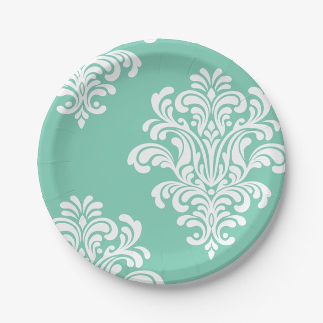 Assiettes En Carton Damask blanc sur Aqua Motif (Devant)