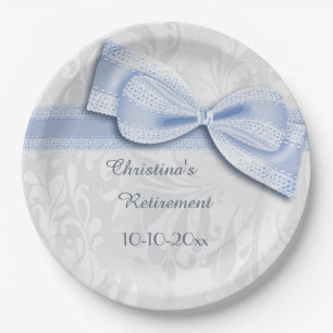 Assiettes En Carton Damassé bleu de retraite et nœud faux