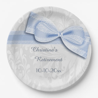Assiettes En Carton Damassé bleu de retraite et nœud faux