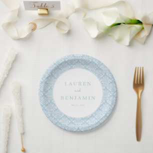 Assiettes En Carton Damassé Bleu Sophistiqué