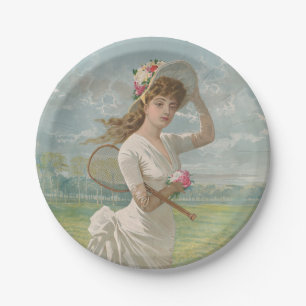 Assiettes En Carton Dame de tennis victorienne avec chapeau à fleurs A