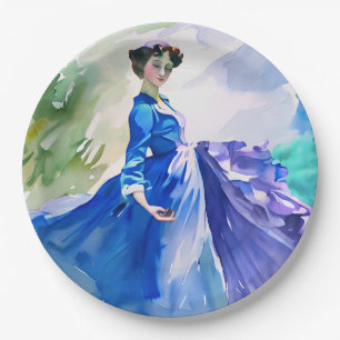 Assiettes En Carton Dame en robe bleue - Peinture à l'aquarelle