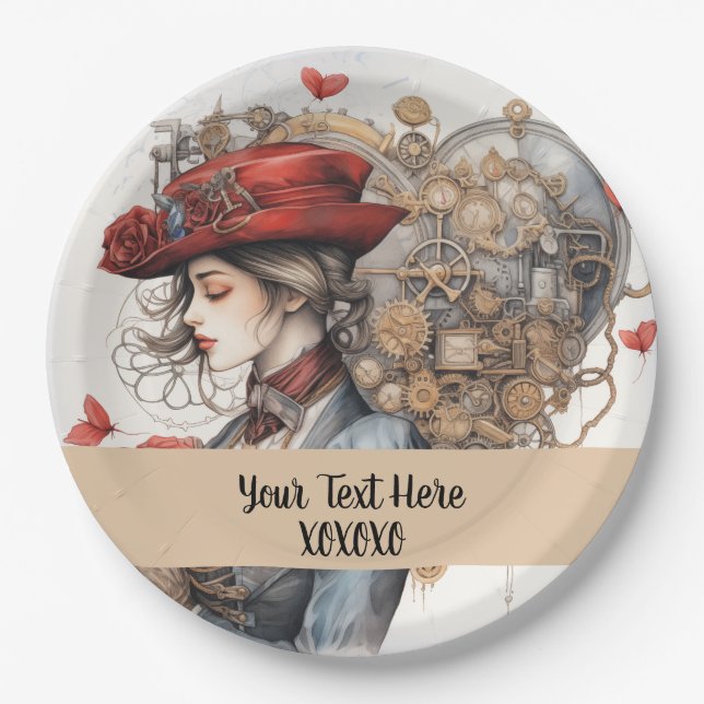 Assiettes En Carton Dame en rouge Valentine Kiss steampunk aquarelle (Devant)