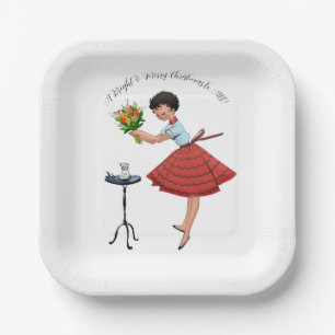 Assiettes En Carton Dame Vintage aux fleurs 1950