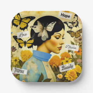 Assiettes En Carton Dame Vintage, Papillons, Fleurs et Inspirante