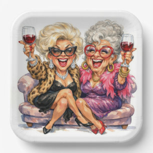 Assiettes En Carton Dames Élégantes Avec du Vin Rouge
