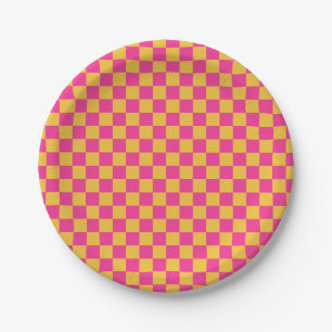 Assiettes En Carton Damier rose et jaune