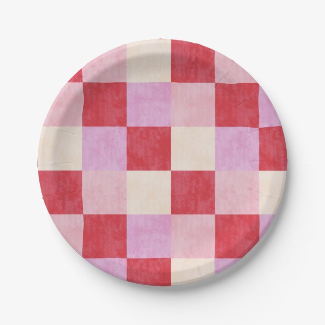 Assiettes En Carton damier valentine plaid rouge crème rose preppy (Devant)