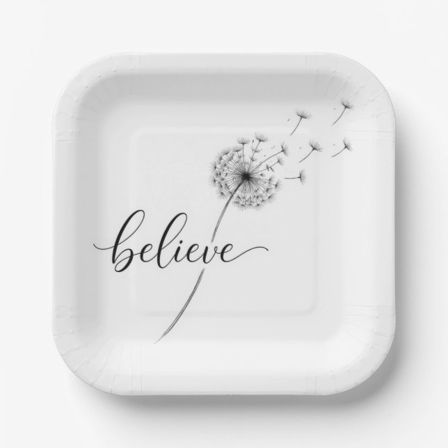 Assiettes En Carton Dandelion Seedlings with Believe Text (Recto)