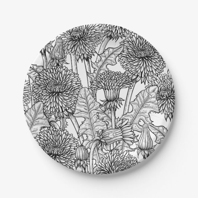 Assiettes En Carton Dandelions, black and white (Devant)