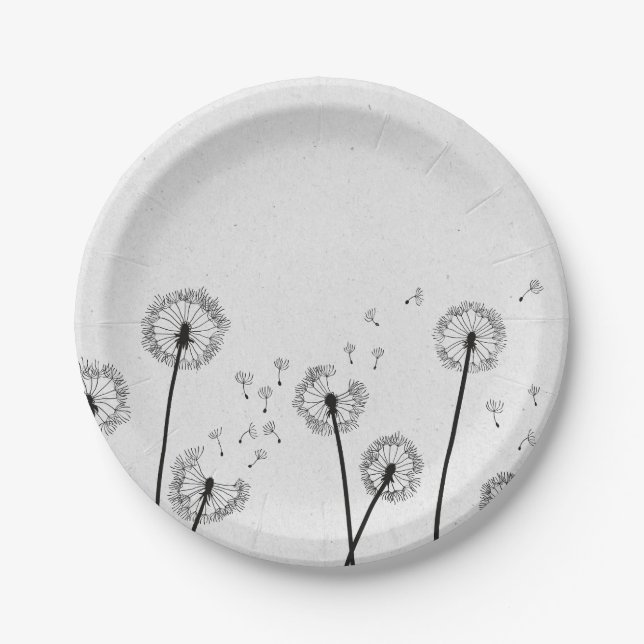 Assiettes En Carton Dandelions Fleurs Pappus Spores Gris (Devant)