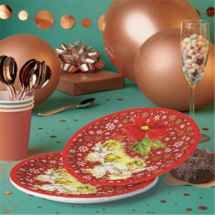 Assiettes En Carton Danse Bébé Anges avec des flocons d'or sur rouge