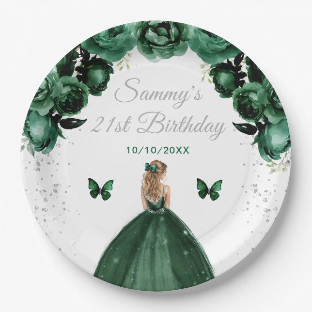Assiettes En Carton Dark Green Blonde Cheveux Princess Anniversaire (Devant)