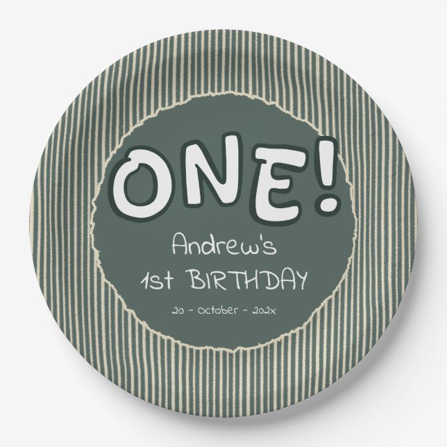 Assiettes En Carton Dark Green Stripes 1st Birthday (Devant)