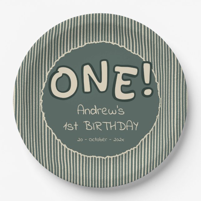 Assiettes En Carton Dark Green Stripes 1st Birthday (Devant)