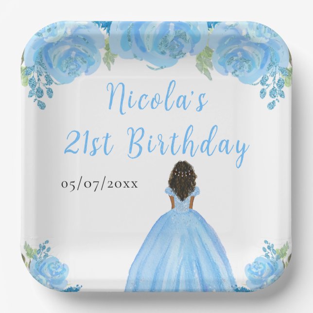 Assiettes En Carton Dark Skin Princess Blue Floral Birthday Party (Recto)