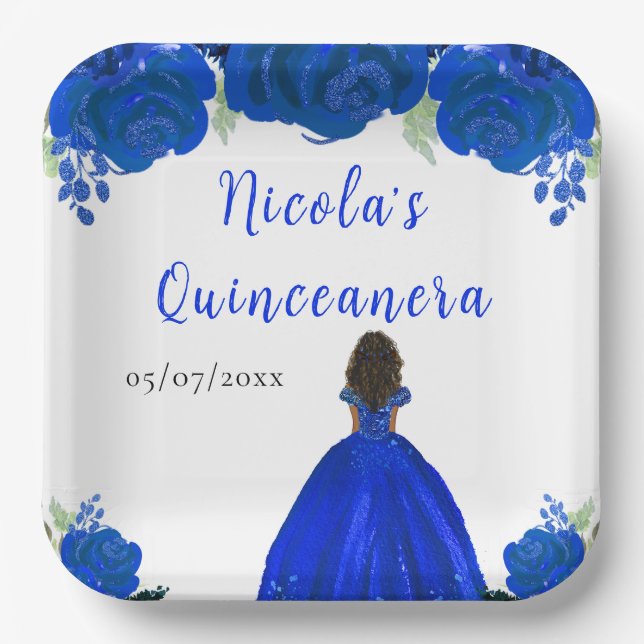 Assiettes En Carton Dark Skin Princess Blue Floral Quinceanera (Recto)